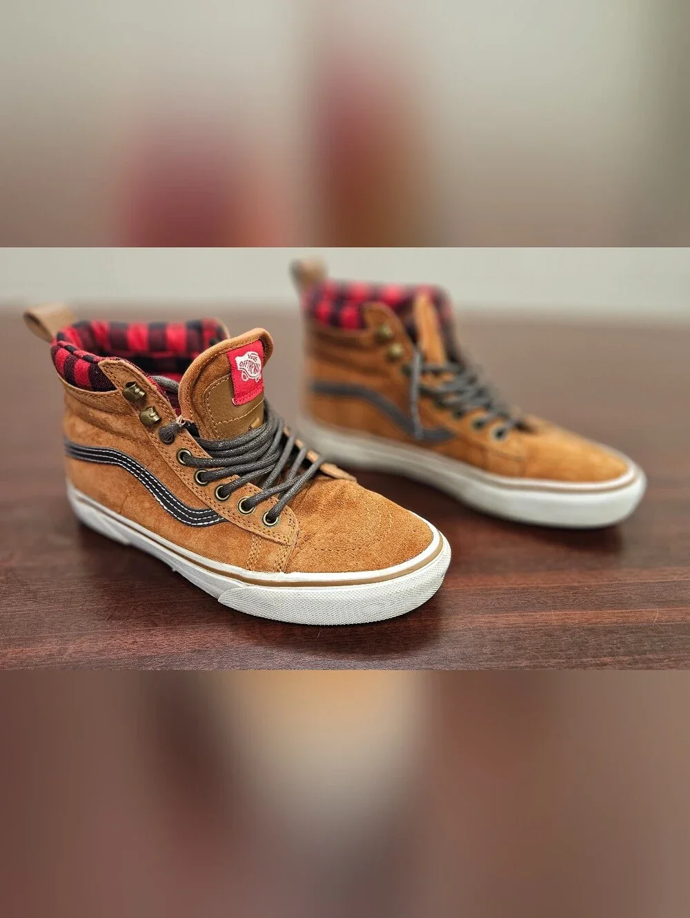 Vans Tan Suede High-Top Sneakers with Red Plaid Collar